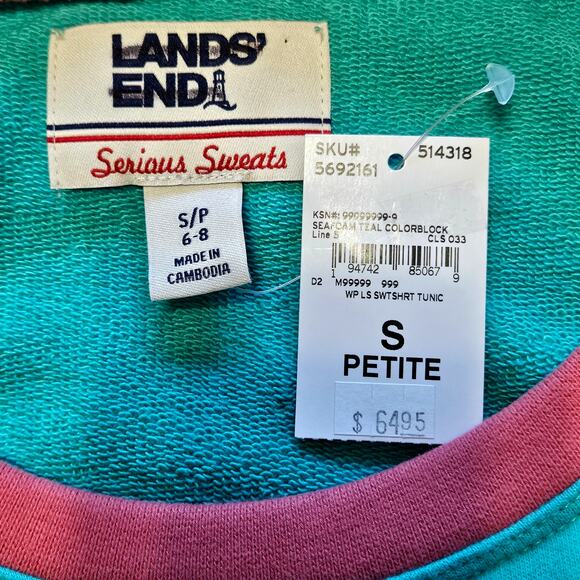 LANDS' END Women's Seafoam Teal Pink Colorblock Sweatshirt Size Small Petite NWT - Picture 5 of 7